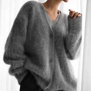 Cozy grey fluffy V-neck cardigan for women, soft oversized knit sweater outerwear for autumn.