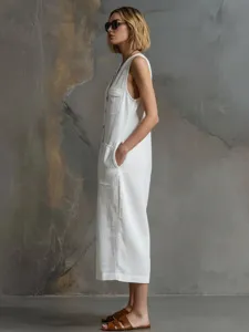 Cómodo mono casual sin mangas para mujer de algodón y lino blanco con pierna ancha.