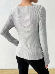 Effen grijs geribbelde gebreide trui met lange mouwen voor dames, casual basic top.