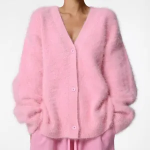 Soft pink faux mink V-neck cardigan sweater featuring loose long sleeves and button closure.