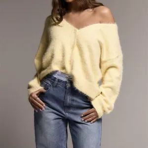 Soft fuzzy cardigan detail, cozy V-neck knitwear, stylish long sleeve casual sweater garment view.