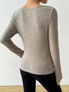Dames geribbelde lange mouw trui effen kleur casual gebreide top detail weergave