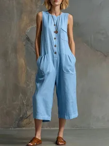 Mono cropped amplio sin mangas de lino y algodón para mujer ideal para verano casual.