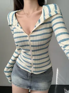 Femme décontractée bleu blanc rayé côtelé tricot zippé à capuche tendance haut