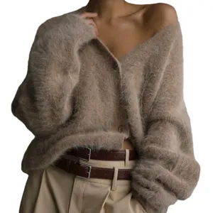 Women oversized fuzzy knit cardigan soft V-neck winter sweater casual outerwear top
