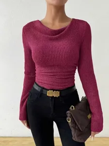 Geribde gebreide top met lange mouwen detail, gezellige trui met colsjaal voor herfststijl.