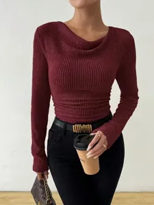 Dames lang mouw geribbelde gebreide trui slim fit casual top herfst winter mode kleding