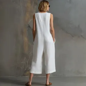 Mujer verano casual sin mangas blanco lino pierna ancha corta mono vista principal.