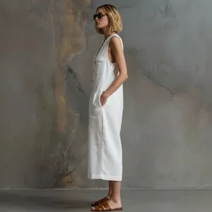 Mujer casual sin mangas blanco lino mono pierna ancha vista principal de pie nuevo
