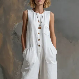 Mono de lino blanco sin mangas, mameluco de verano casual de pierna ancha con bolsillos.