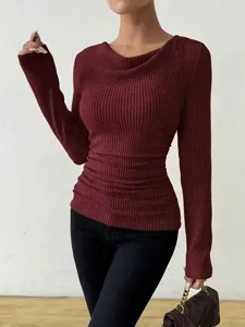 Effen geribbelde trui met lange mouwen voor dames, casual slim fit herfst winter top.