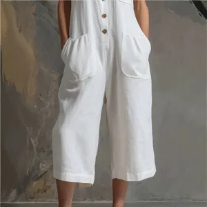 Mameluco enterito cropped de lino blanco sin mangas casual de verano con bolsillos.