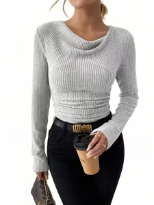 Dames casual effen geribbelde colsjaal trui met lange mouwen herfst winter mode tops.