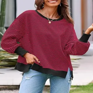 Dames casual wafelbreisel lange mouw ronde hals gestreepte pullover detailweergave.