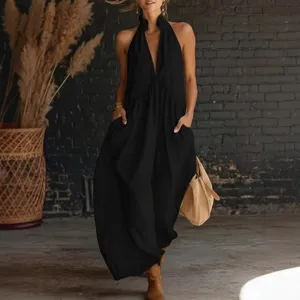 Femmes Décontracté Sans Manches Col Mao Couleur Unie Longue Robe de Vacances Élégante Robe Maxi Trapèze en Polyester