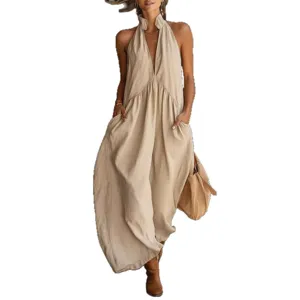 Été femmes sans manches col montant couleur unie longue robe de vacances élégante