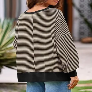 Dames wafelbreisel gestreepte trui lange mouwen ronde hals casual top detail zicht