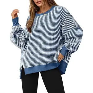 Dames Casual Wafelstreept Langarm Ronde Hals Sweatshirt Losse Pullover Met Zijsplit Effen Kleur Dagelijkse Basis Tops