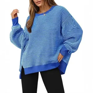 Dames wafelbreisel lange mouw ronde hals split zoomtrui casual stijlvolle top.