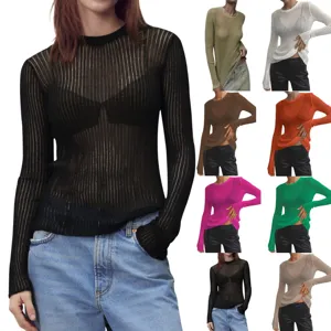 Femme couleur unie manches longues côtelé col rond transparent respirant haut variantes