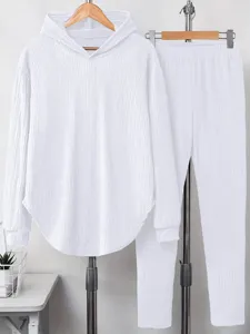 Women solid color casual long sleeve hooded sweatshirt and pants loungewear set white