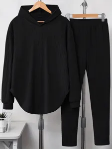 Women solid color pleated long sleeve hooded sweatshirt pants casual loungewear two piece set