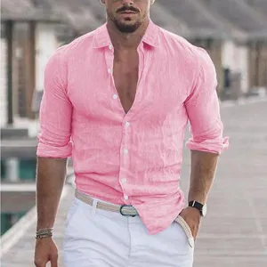 Detail view of men's long sleeve cotton linen solid color beach shirt for summer holidays.