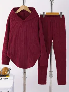Women solid color long sleeve hooded sweatshirt pants two piece set autumn winter casual loungewear