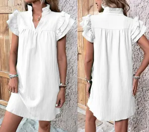 Donna abito bianco collo a V maniche a volant mini abito estivo casual moda vestito
