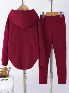 Women solid color pleated long sleeve hooded sweatshirt and pants lounge set autumn winter casual
