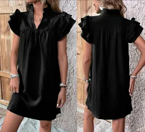 Abito corto donna estivo nero maniche volants multistrato collo V casual dettaglio