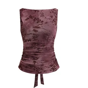 Top sans manches en tulle floqué papillon vintage, chemisier sexy froncé et noué.