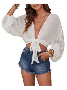 Weisse vorn gebundene Crop Top Strand Ueberwurf langsaermelig sexy V-Ausschnitt Damen