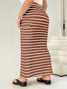Detail view of the striped knit bodycon skirt featuring side cargo pocket and slim fit.