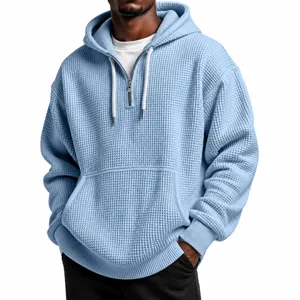 Men's Casual Waffle Grid Half-Zip Hooded Sweatshirt Long Sleeve Drawstring Pullover Casual Sportswear Top