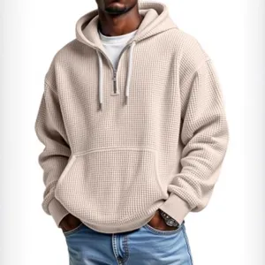 Men's waffle knit quarter-zip hoodie casual pullover sweatshirt with hood and pockets.