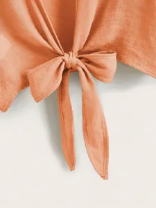 Orangeroter Strand Überzieher mit Vornoten Detail, Damen leichtes einfarbiges Hemd.