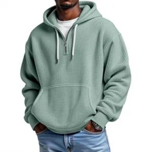 Men's waffle knit quarter zip hoodie casual long sleeve hooded sweatshirt with pocket