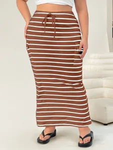 Brown white striped knit maxi skirt detail featuring a drawstring waist and side pockets.