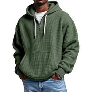 Men's Waffle Quarter-Zip Hooded Sweatshirt Casual Long Sleeve Pullover Hoodie with Pocket.
