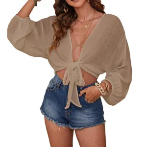 Damen Casual V-Ausschnitt Langarm Schnürung Einfarbig Strand Überzieher Sommer Lässig Lose Bikini Überzieher Hemd
