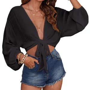 Einfarbiges tiefes V-Ausschnitt Strand Cover-Up langärmliges kurzes Oberteil für Damen Sommer Mode