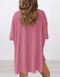 Detailed back view of casual loose pink short sleeve top, comfortable daily wear texture.