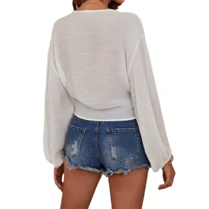 Damen einfarbige langarm Strandüberzieher mit Jeansshorts lässige Sommerkleidung Mode