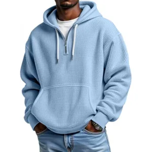 Men's light blue waffle knit quarter zip hoodie solid color loose casual daily streetwear.