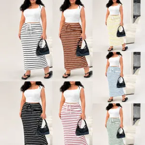 Plus Size Women Striped Knitted Bodycon Skirt Casual High Waist Drawstring Midi Skirt With Pockets Summer Fashion Streetwear