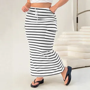 Summer striped knit maxi skirt with cargo pockets and drawstring waist for women casual wear