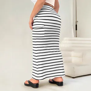 Summer women striped knitted bodycon long skirt with side pocket, side view main product image