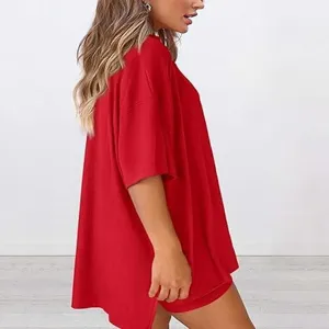 Detail view of the red casual loose short-sleeve top and shorts two-piece set for daily wear.