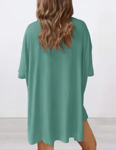 Casual solid color crew neck short sleeve top detail view, comfortable daily wear style.